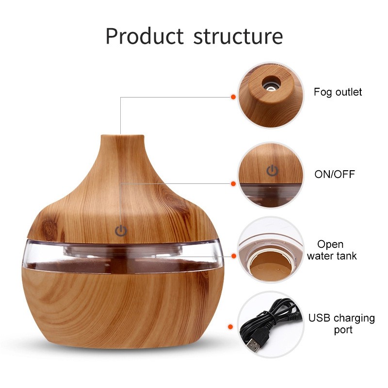 Máy xông tinh dầu,máy khuếch tán tinh dầu 300ml vân gỗ hình giọt nước, tặng kèm tinh dầu