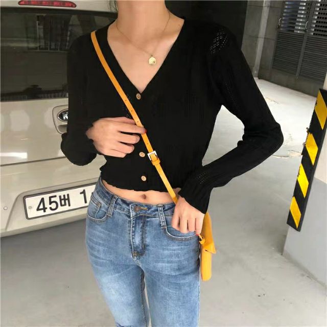 😘 Áo croptop xuân thu dài tay cổ tim chiết eo nữ tính