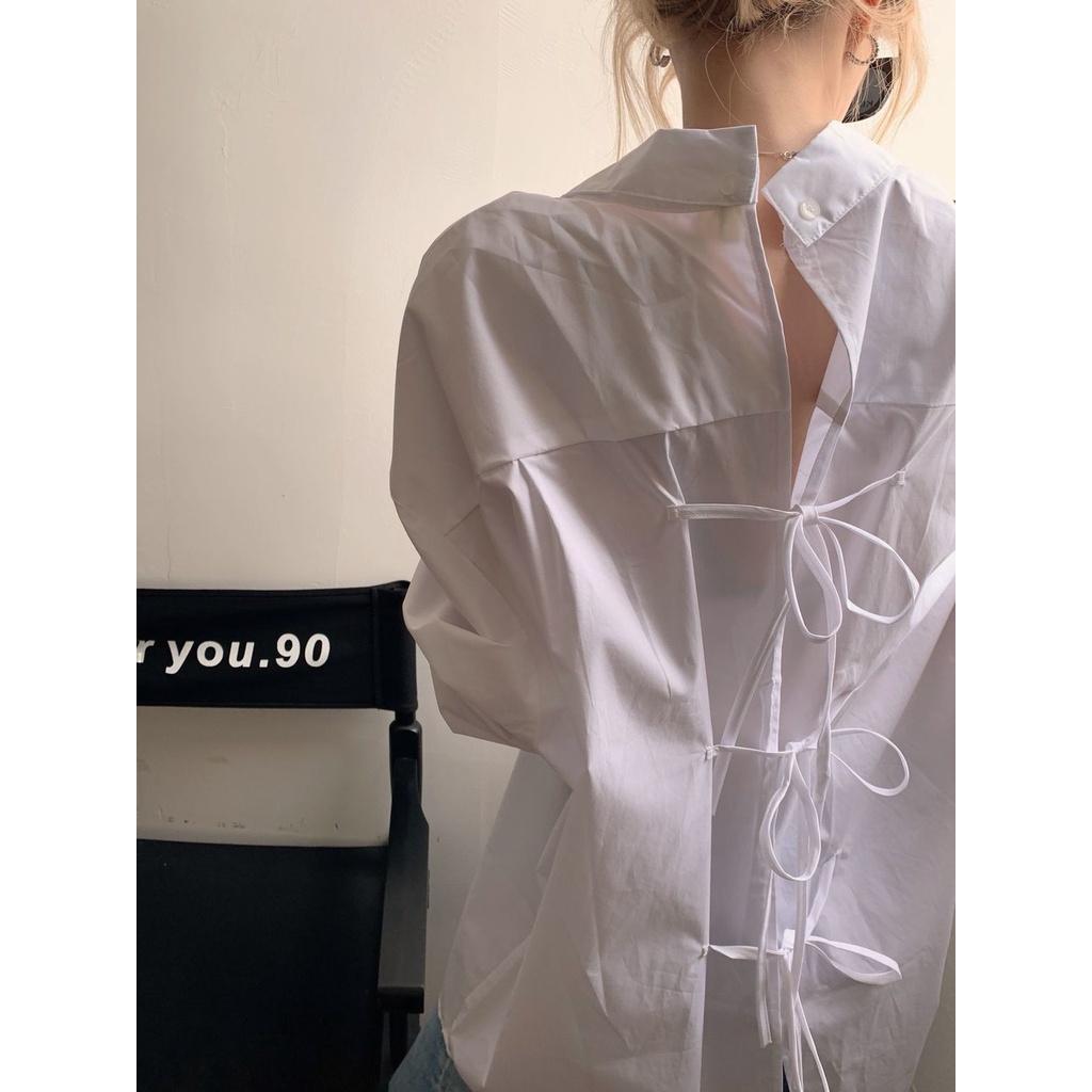 Áo Sơ Mi Trắng Dáng Rộng Dài Vừa Hai Lớp Phía Trước Và Sau Thiết Kế Cảm Giác Thời Trang Hàn Quốc Cho Nữ