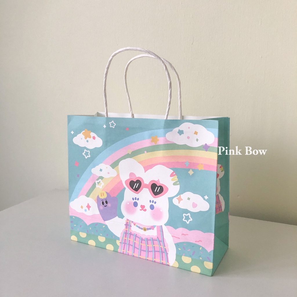 Túi giấy hình con THỎ/GẤU/CARO 27cm 21cm 14cm 11cm 8cm màu HỒNG/ĐỎ/XANH/TÍM