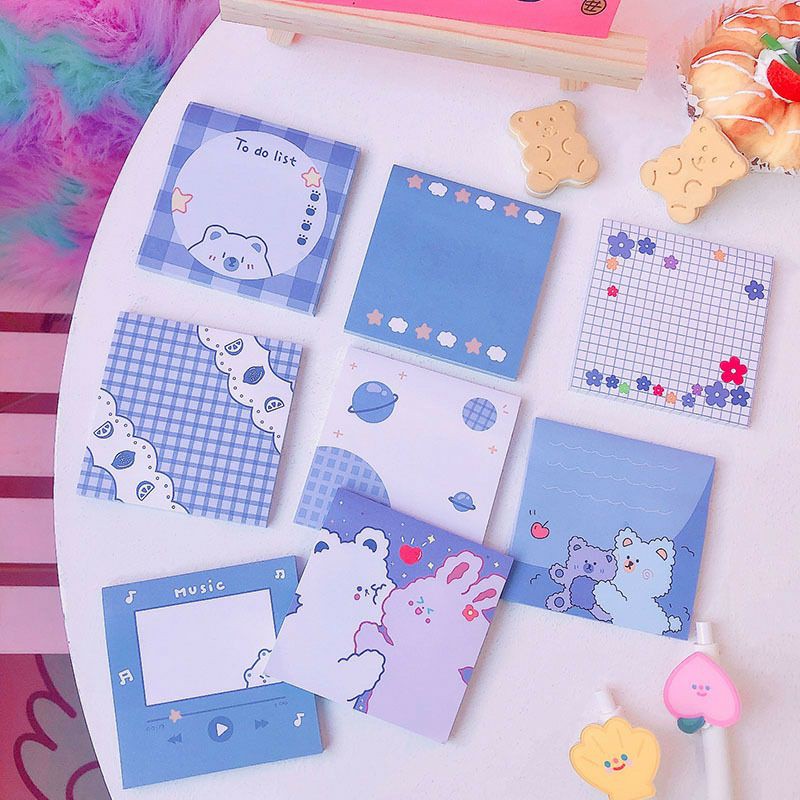 Giấy note cute có keo dán phối màu Xanh tím mộng mơ Gấu và Thỏ đáng yêu BMBooks