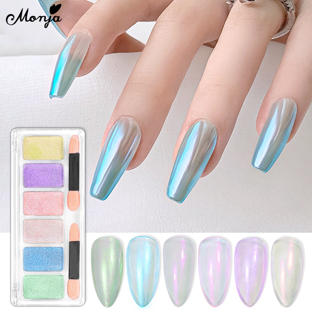 MONJA Hộp 6 Ngăn Bột Tráng Gương Màu Vàng Cực Quang Trang Trí Móng Tay Nghệ Thuật