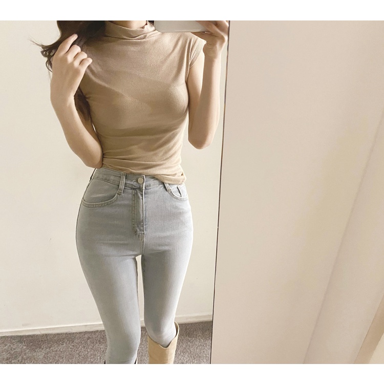 Cocory vn Áo Thun Không Tay Cổ Lọ Màu Trơn Thời Trang Mùa Hè Mới Dễ Phối Đồ