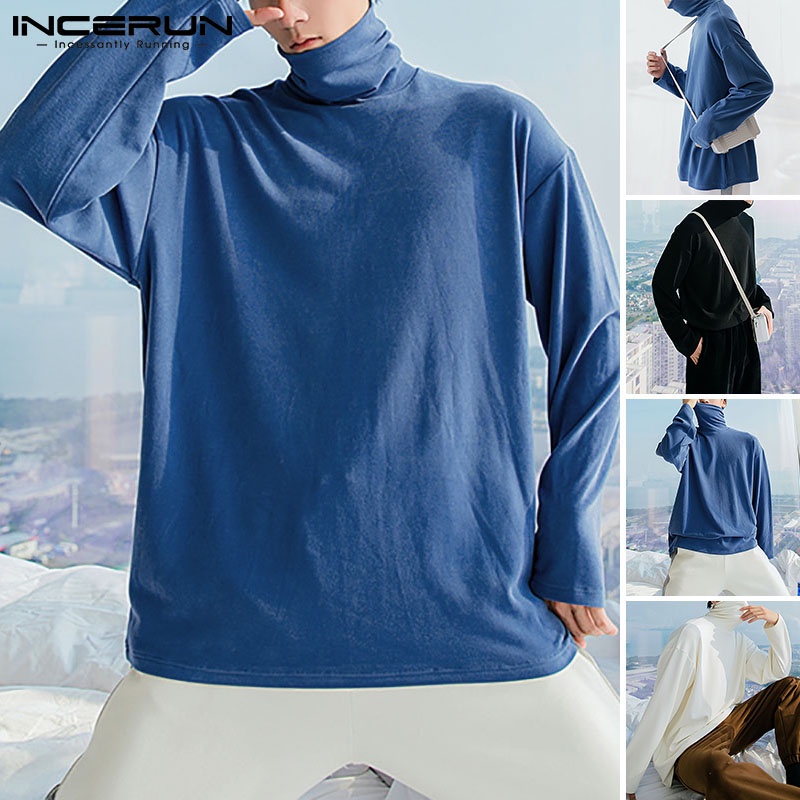 Áo thun INCERUN tay dài cổ cao giữ ấm thời trang thu đông đơn giản cho nam
