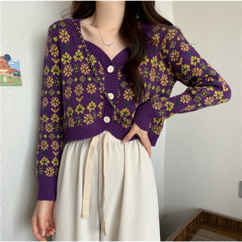 IELGY    Áo Khoác cardigan Dệt Kim Tay Dài In Họa Tiết Hoa Phong Cách Nhật Bản Cho Nữ