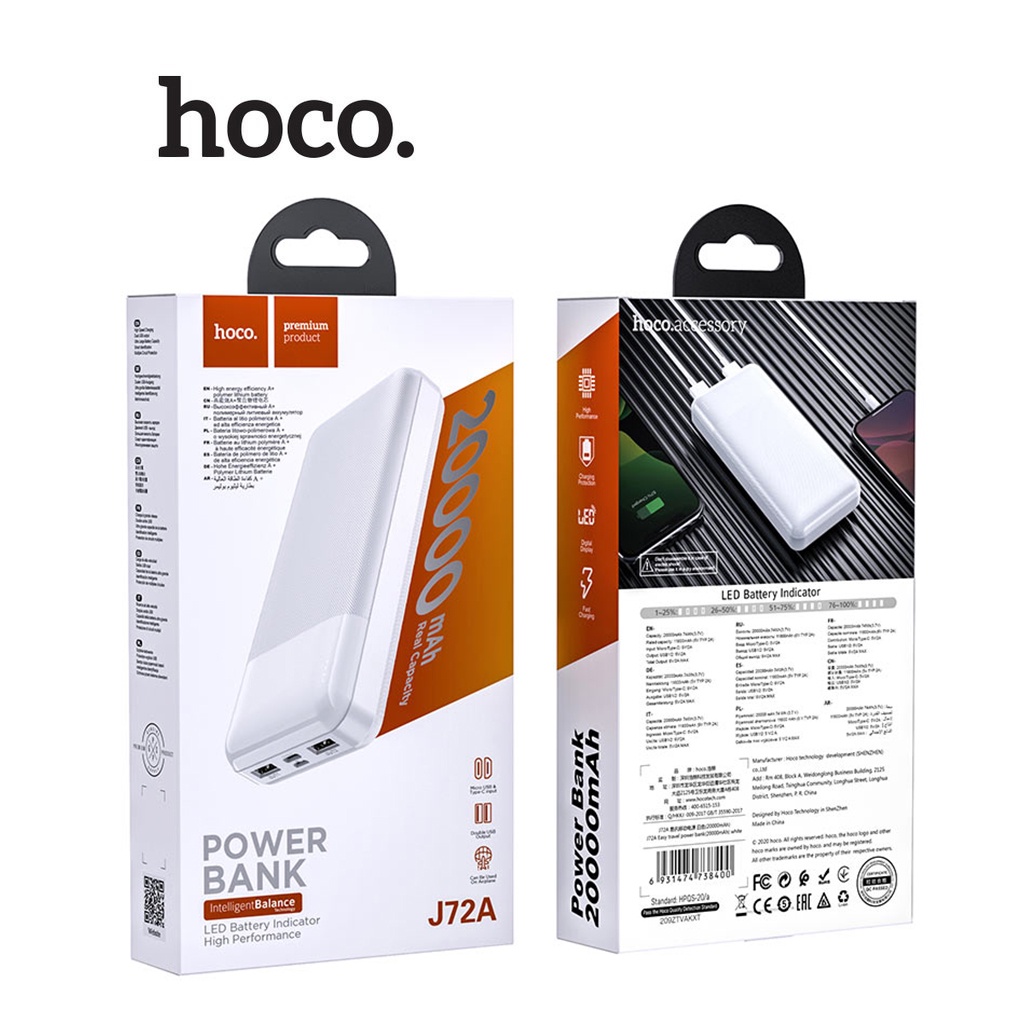 Pin dự phòng 5V/2A Hoco J72A dung lượng 20000mAh vật liệu PC cao cấp tích hợp đèn Led