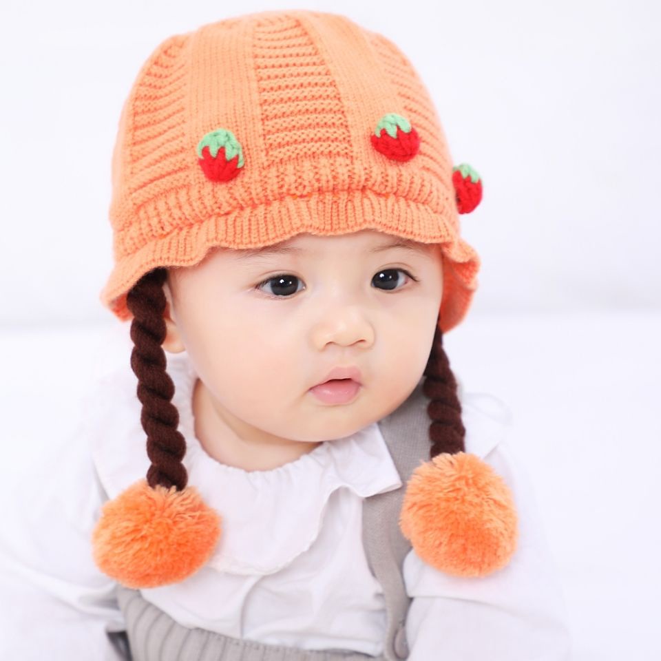 Mũ Len Bảo Vệ Tai Đính Tóc Giả Thắt Bím Cho Bé Gái