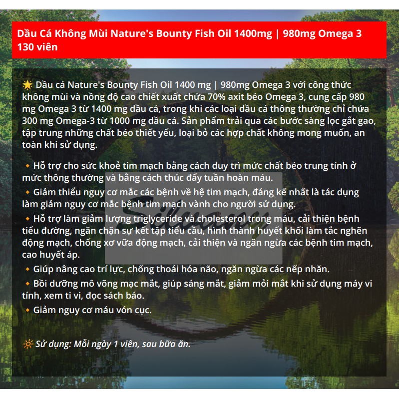 Dầu Cá Không Mùi Nature's Bounty Fish Oil 1400mg | 980mg Omega_3 - 130 Viên – Hàm Lượng Cao | Thế Giới Skin Care