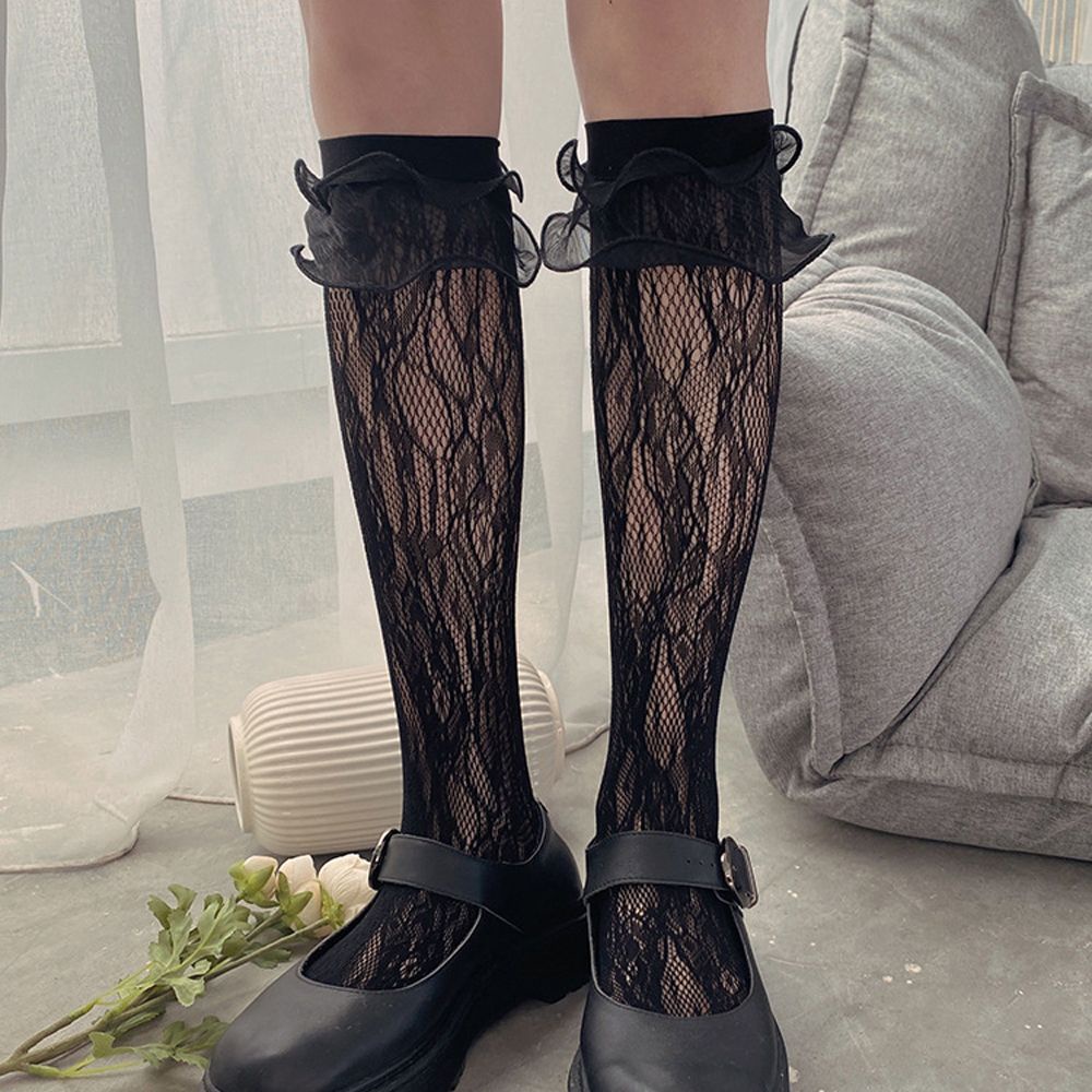 Vớ lưới nhún bèo ren họa tiết hoa rỗng phối nơ phong cách Lolita Hàn Quốc ngọt ngào sành điệu cho nữ
