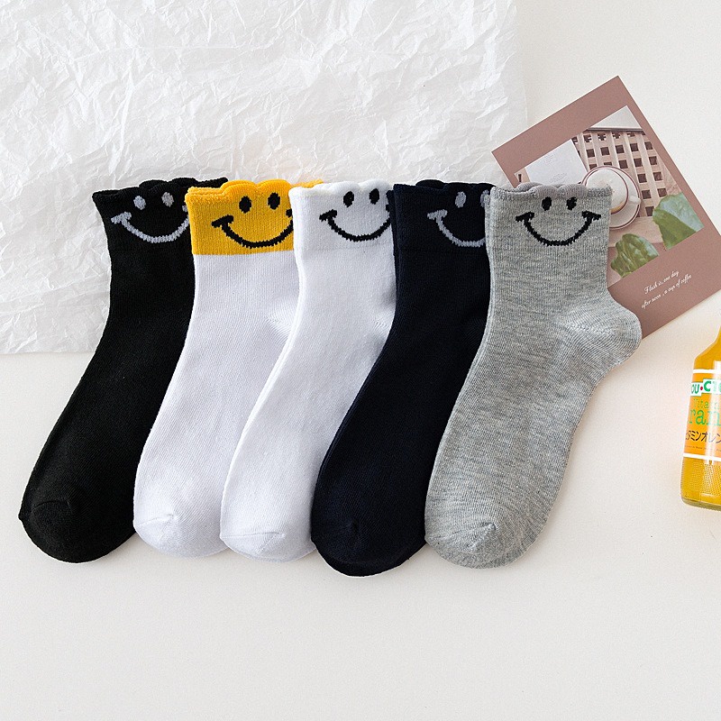 Vớ Nữ Cổ Cao Dễ Thương Cotton Thêu Hình Mặt Cười  Nhiều Màu Sắc Thoáng Khí Mát Mẻ - Tất Nữ Siêu Dễ Thương Cho Các Bạn Nữ
