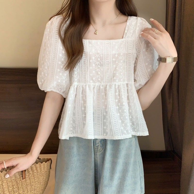 Áo sơ mi nữ cổ vuông ren hoa ngắn tay mùa hè xinh xắn ngọt ngào