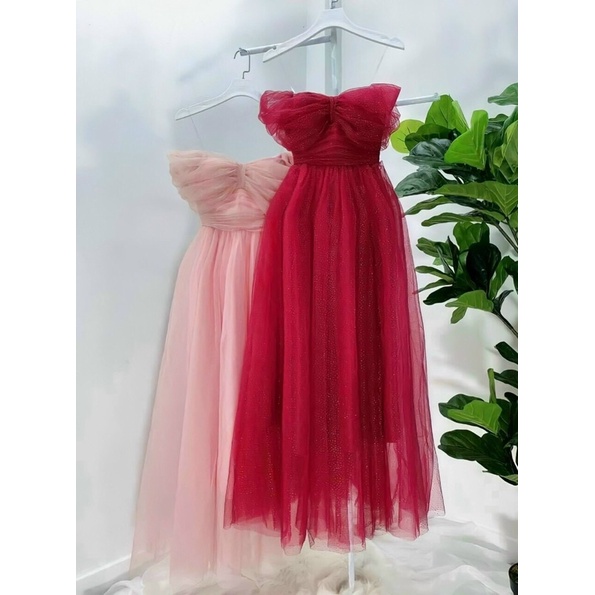 Đầm xoè công chúa trễ vai lưới kim sa