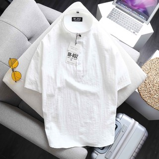 BIGSIZE - Áo sơ mi BB - Boiz nam tay ngắn cổ trụ big size vải đũi - màu trắng < 130kg