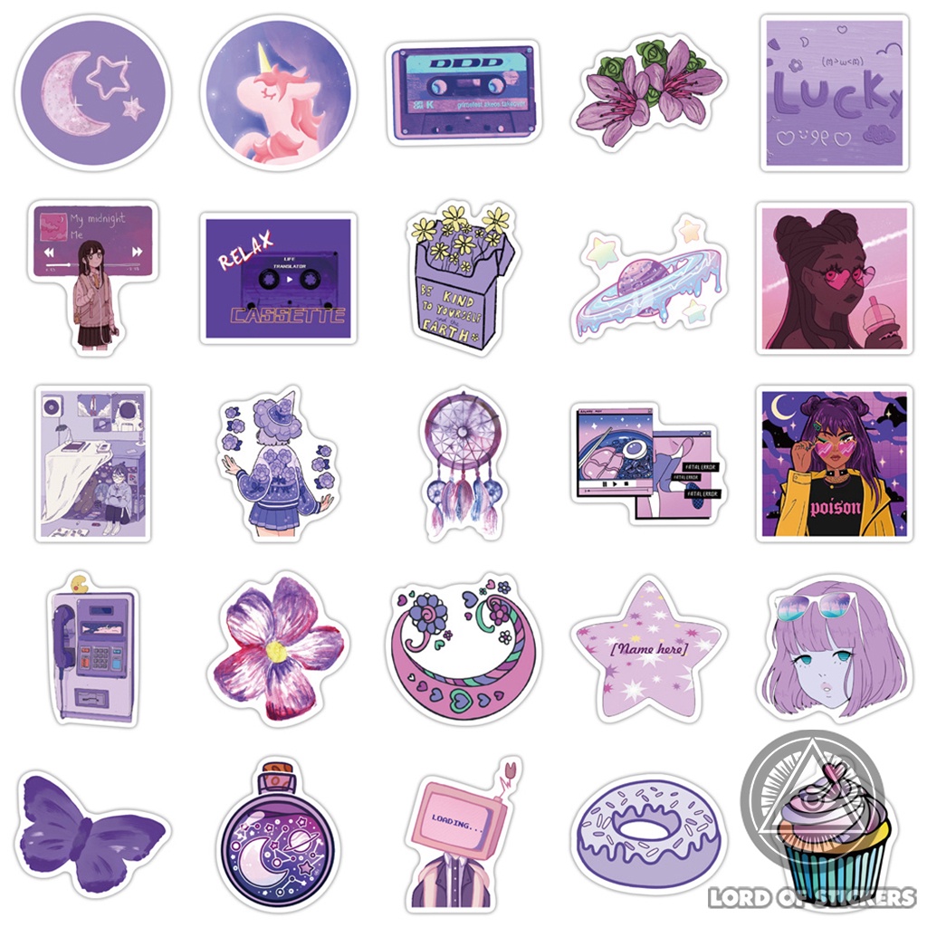 Set 50 Nhãn Dán Hoạt Hình Cute Sticker Tông Màu Tím Pastel Chống Thấm Nước Dễ Thương Trang Trí Mũ Bảo Hiểm, Laptop, Sổ