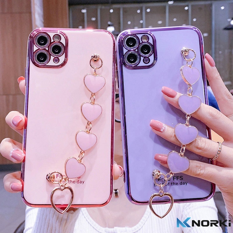 Ốp Điện Thoại Mềm Mạ Hình Trái Tim Có Dây Đeo Tay Cho Samsung Galaxy S22 S21 S9 Plus S21 S22 Ultra S21FE S20