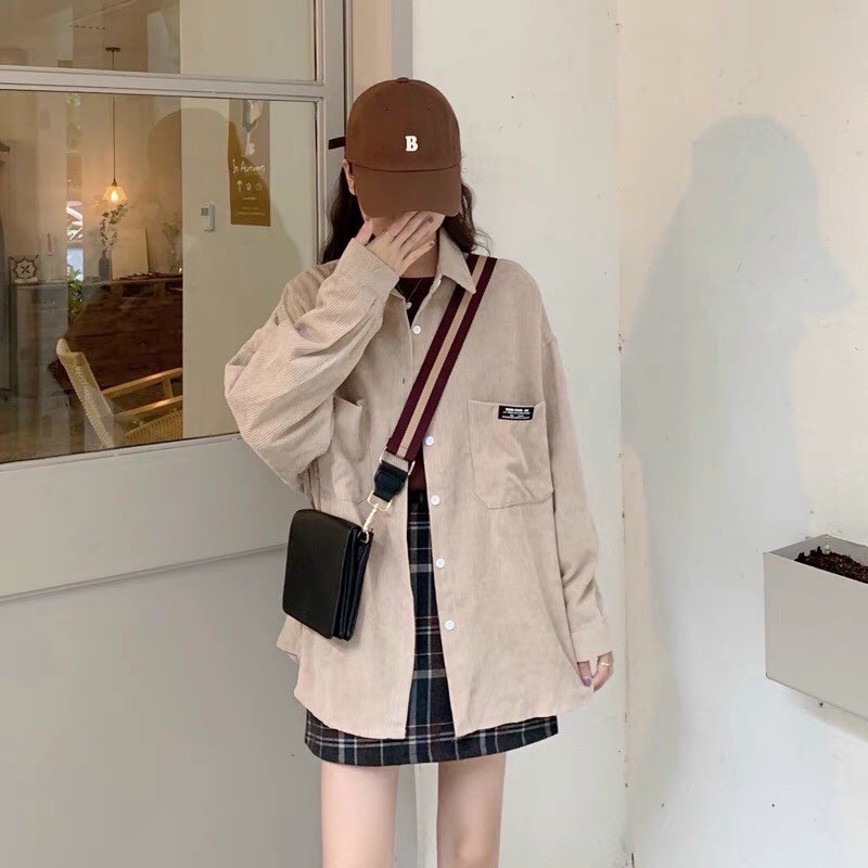 Áo Sơmi Nhung Gân phối 2 túi logo chất đẹp unisex nam nữ form rộng dáng ulzzang