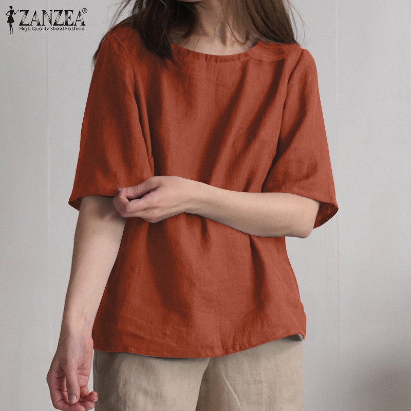 Zanzea Áo Thun Nữ Tay Lửng Cổ Tròn Màu Trơn Thời Trang