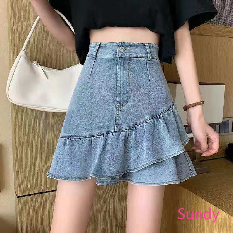 Chân váy jean Lưng Cao Phối Bèo Phong Cách Vintage Cho Nữ