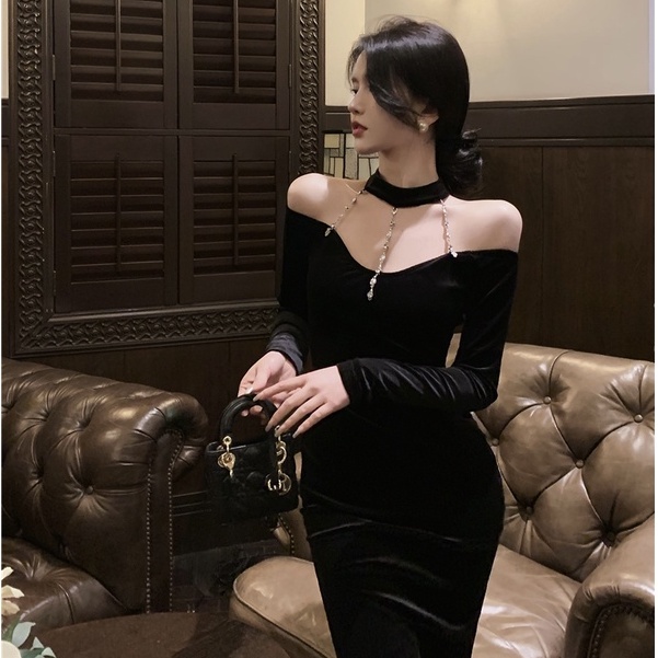 Đầm Nhung Tay Dài Dáng Ôm Gợi Cảm Phong Cách Hàn Quốc