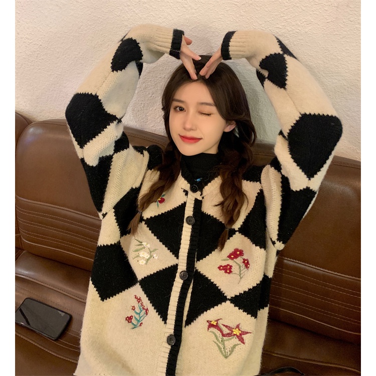 Áo khoác len LUHAZO cardigan nữ tay dài dáng rộng cổ tròn họa tiết kim cương thêu hoa phong cách Hàn Quốc G-12