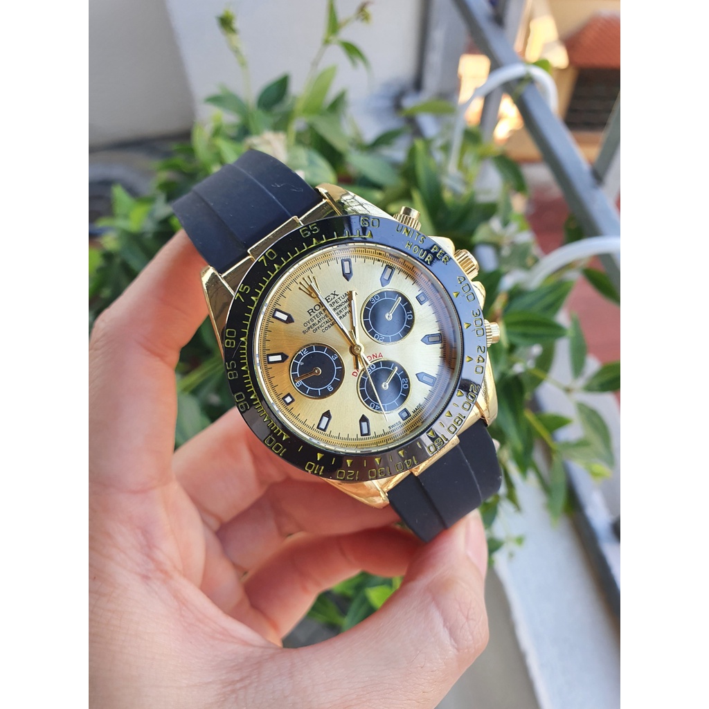 Đồng hồ Nam Rolex máy nhật-Đồng hồ Rolex 3 nút mặt vàng hồng dây cao su size 40-42 mm