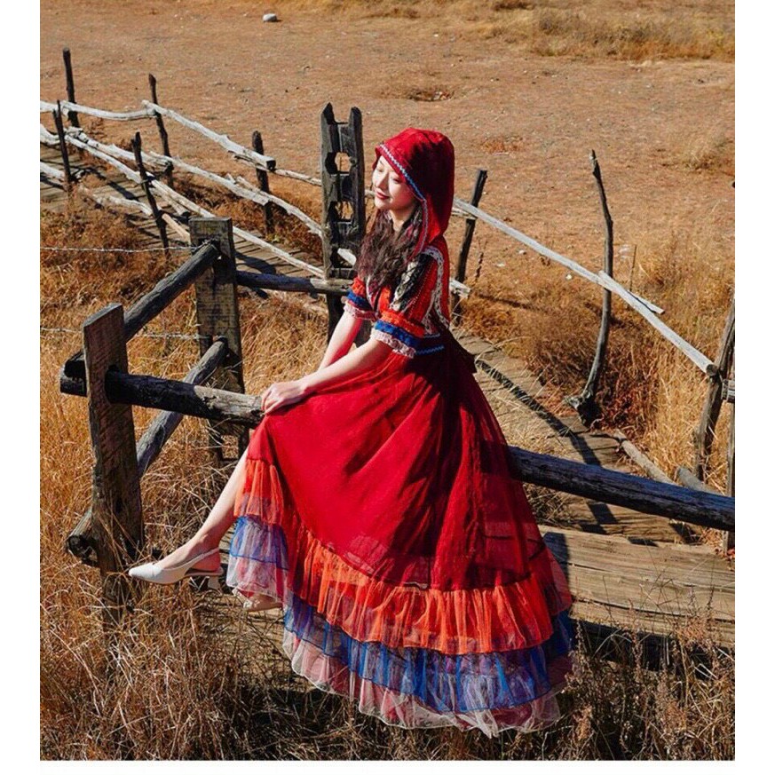 Đầm maxi thổ cẩm BOHO đi biển họa tiết xẻ tà kèm nủ che đầu phong cách XUKA-DRESS -chất Lụa siêu xinh(hình thật tự chụp) | BigBuy360 - bigbuy360.vn