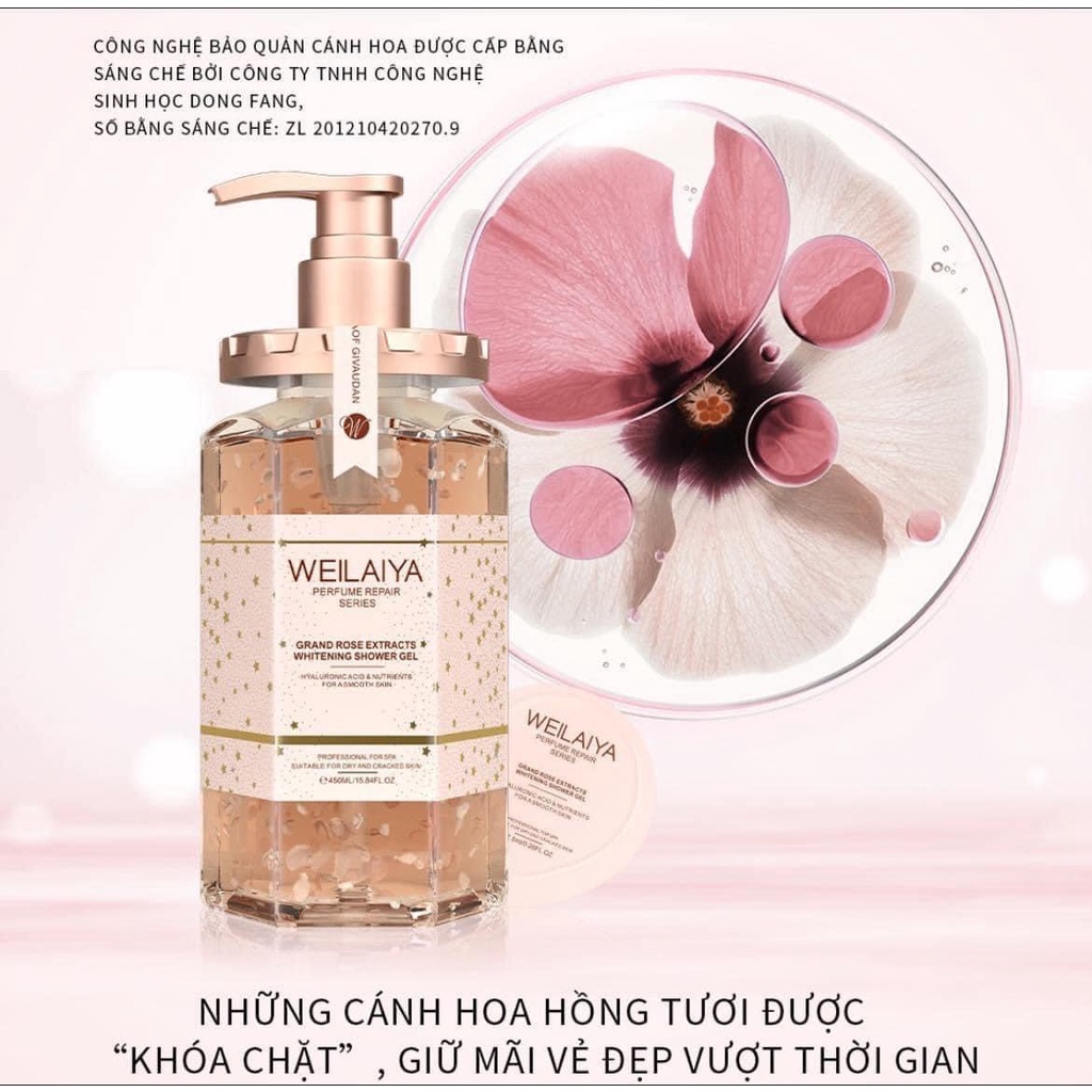 Sữa tắm toàn thân Weilaiya, chiết suất nước hoa hồng và tinh chất hoa hồng Damask [ Chai 450ml]