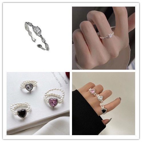 Nhẫn Co Giãn Đính Đá Ngọc Trai Hình Vuông/Trái Tim Thời Trang Cho Nữ