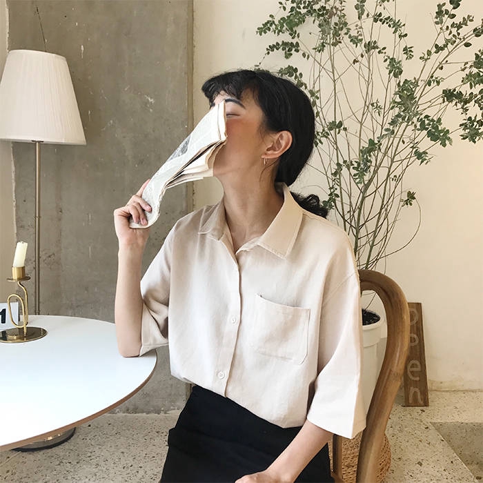 【Miss Sumey】Áo Sơ Mi Dáng Rộng Màu Trơn Phong Cách Retro Hàn Quốc Cho Nữ