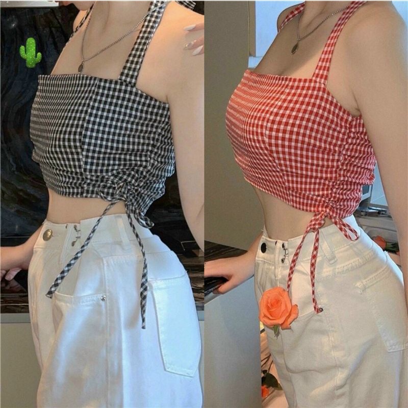 Áo yếm caro rút dây eo kèm mod ngực