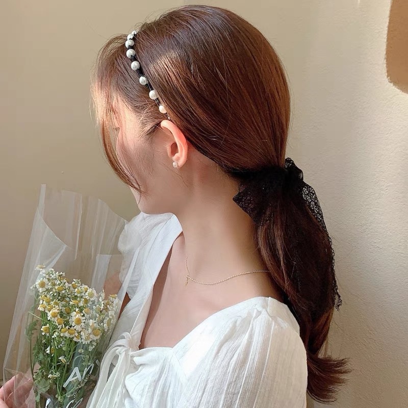 Băng Đô Cài Tóc Phối Ren Đính Ngọc Trai Thời Trang Hàn Quốc Cho Nữ