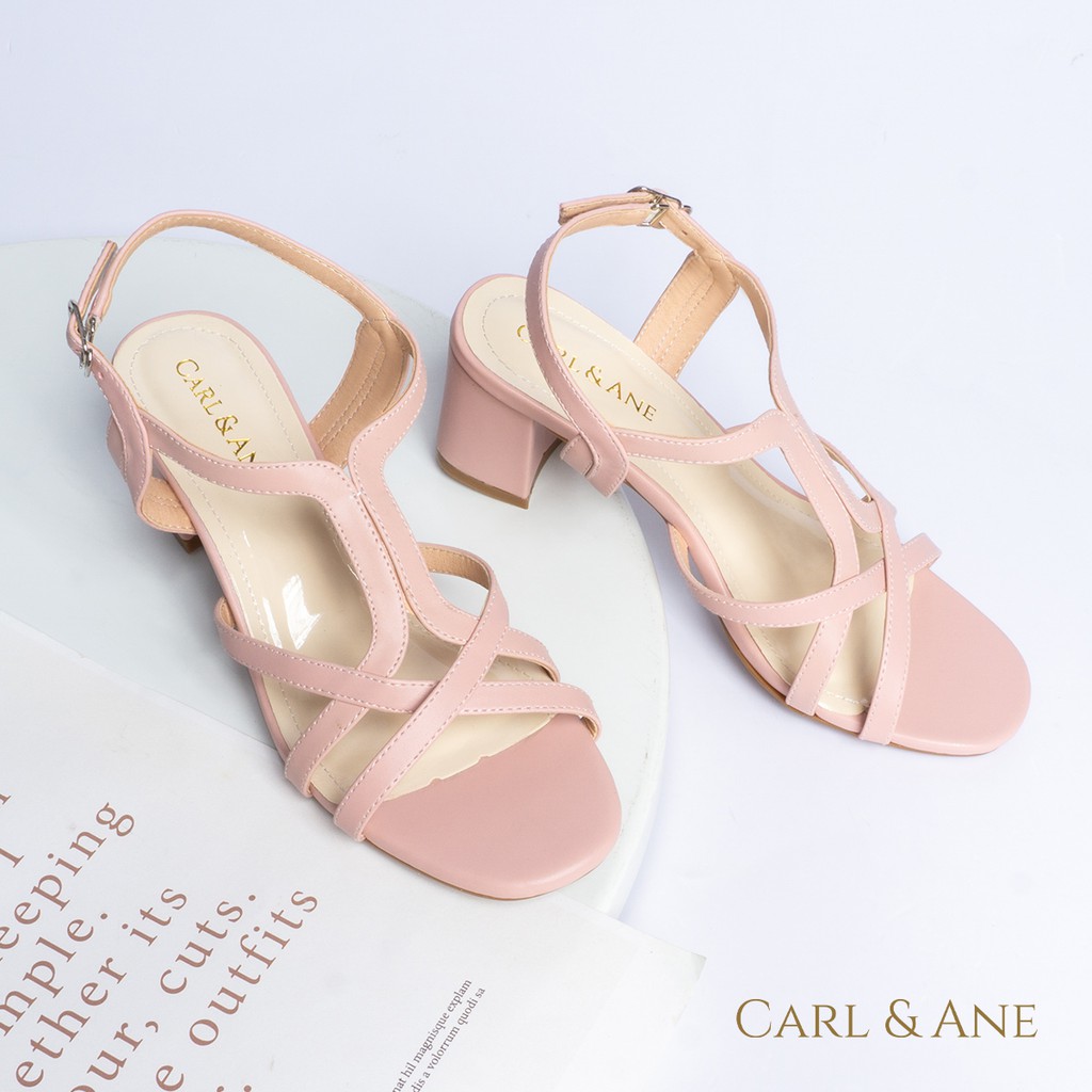 Carl &amp; Ane - Giày sandal phối dây nữ mũi vuông gót cao 5cm màu hồng _ CS002