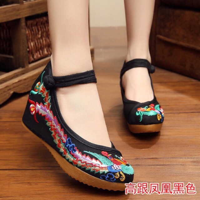GIÀY THÊU đế xuồng Phượng hoàng (2 màu đen và đỏ)