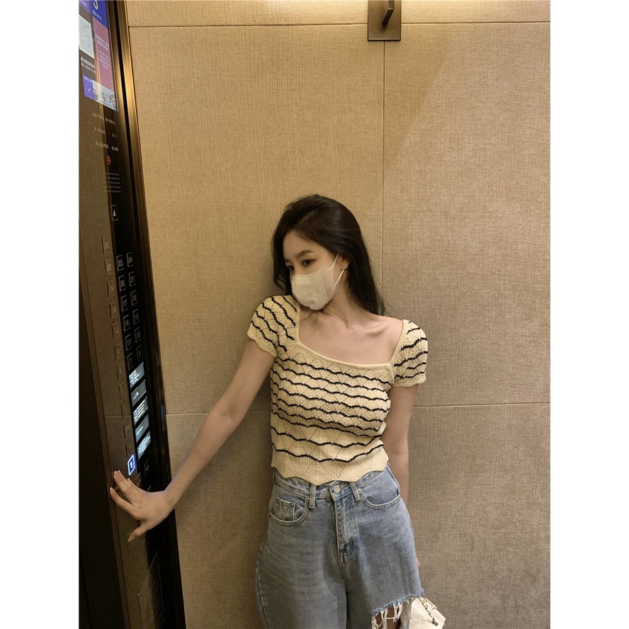 Cocory vn Áo Thun Dệt Kim Ngắn Tay Cổ Vuông Họa Tiết Kẻ Sọc Form Ôm Thời Trang Mùa Hè