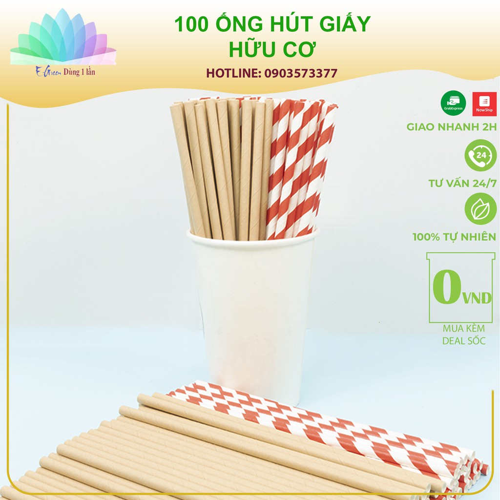 100 Ống hút giấy Kraft phi 6 dùng 1 lần hữu cơ an toàn bảo vệ môi trường - Combo 100 ống - E Green Dùng 1 Lần