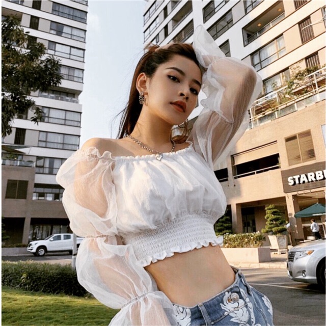 Áo kiểu nữ phối voan kiếng tay dài_áo croptop | BigBuy360 - bigbuy360.vn