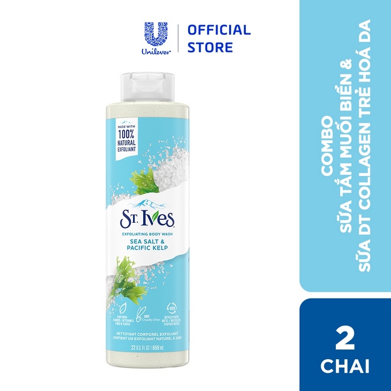 [Mã COSUI5 giảm 8% đơn 150K] Combo Sữa tắm St.ives Muối biển 650ml và Sữa dưỡng thể St.Ives collagen trẻ hoá da 621ml