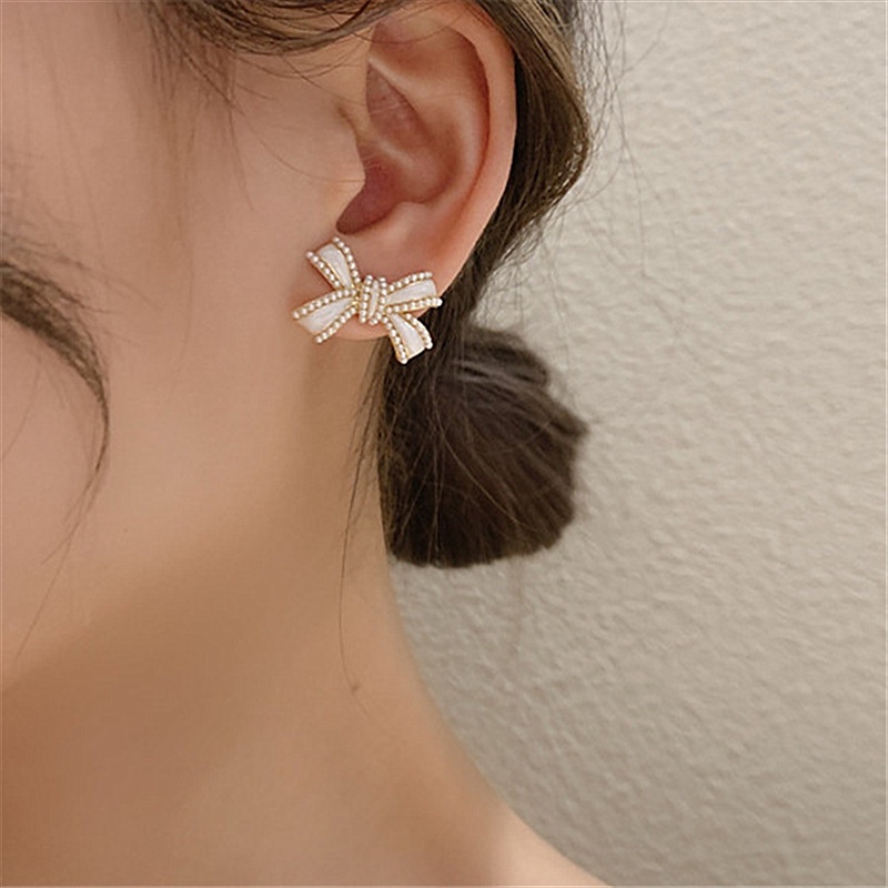 Bông tai bạc 925 hình nơ đính ngọc trai dễ thương phong cách Hàn Quốc cho nữ