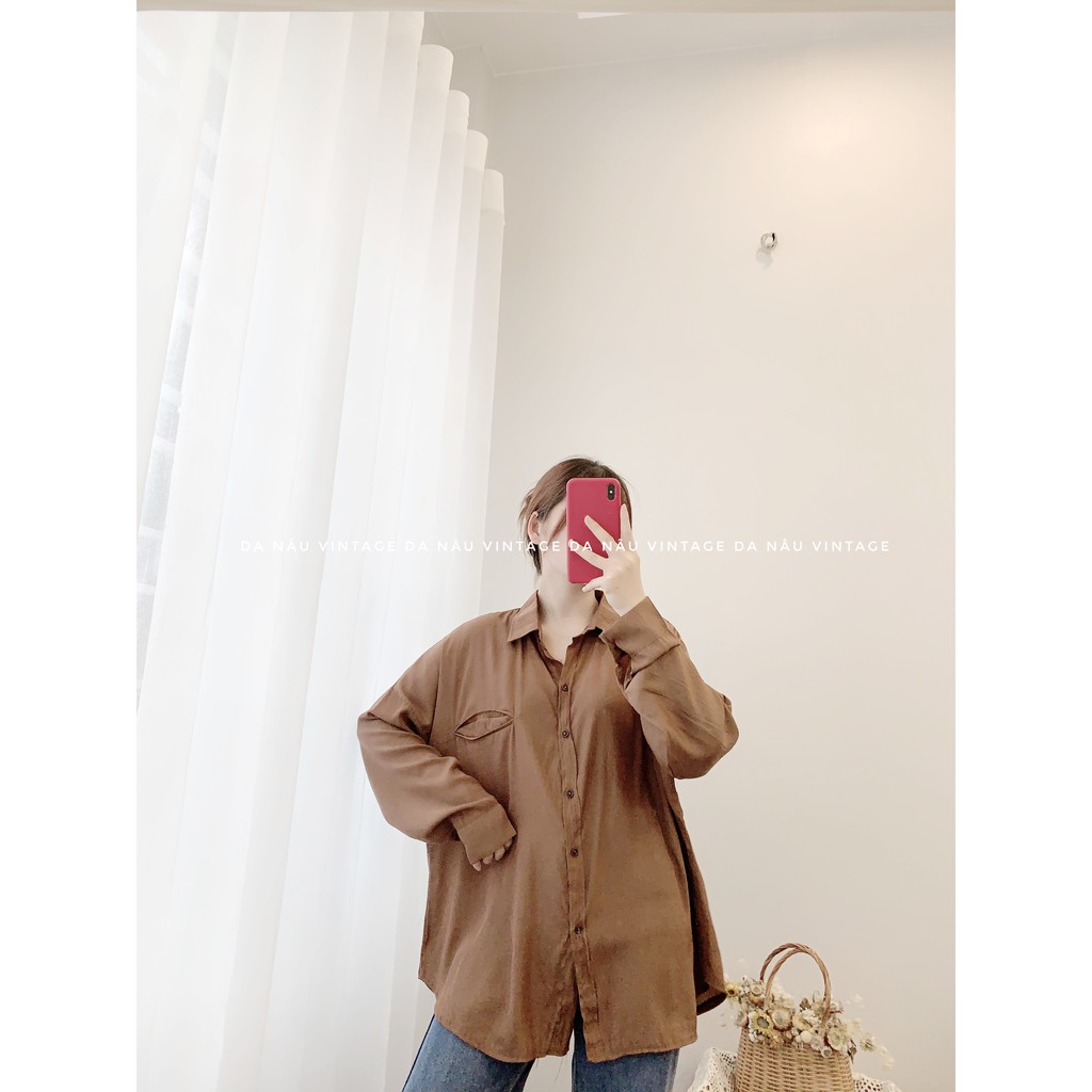 Áo sơ mi nữ lụa trơn freesize dài tay túi giả – Da Nâu Vintage