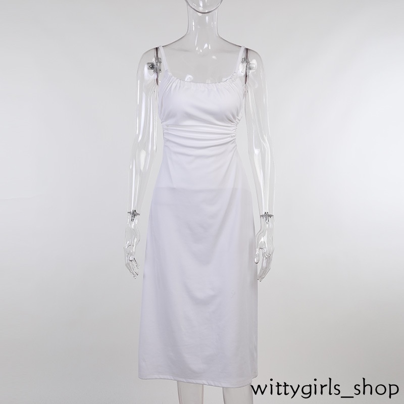 Wittygirls_shop | Đầm Dài Không Tay Cổ Chữ U Hở Lưng Một Mảnh Màu Trắng/Đen Thời Trang Mùa Hè Cho Nữ