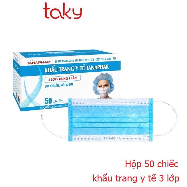 Khẩu Trang Y Tế 3 Lớp - Taky, 50 Chiếc Màu Xanh - Lọc Khuẩn, Lọc Mùi, Lọc Bụi, Thoáng Khí, Không Gây Dị Ứng - 7060