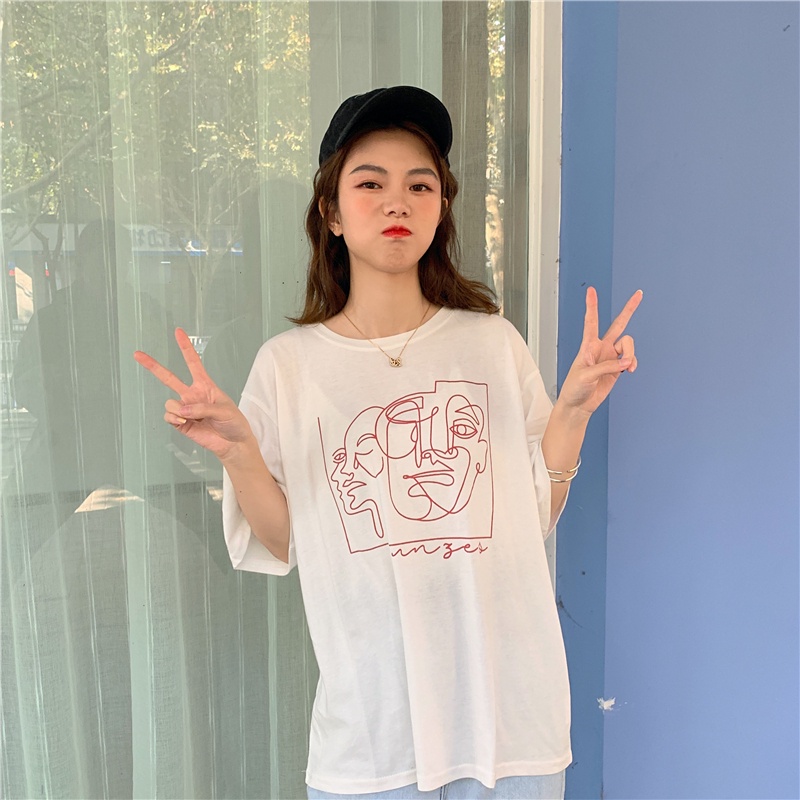 SUXI Áo thun ngắn tay cổ tròn in họa tiết cổ điển thời trang hàn quốc