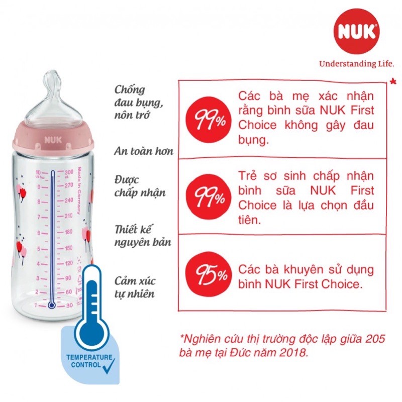 Ảnh thật - Bình sữa báo nóng Nuk premium, bình sữa cảm biến nhiệt Nuk nhựa PP 150ml, 300 ml núm S1-M, S2-M