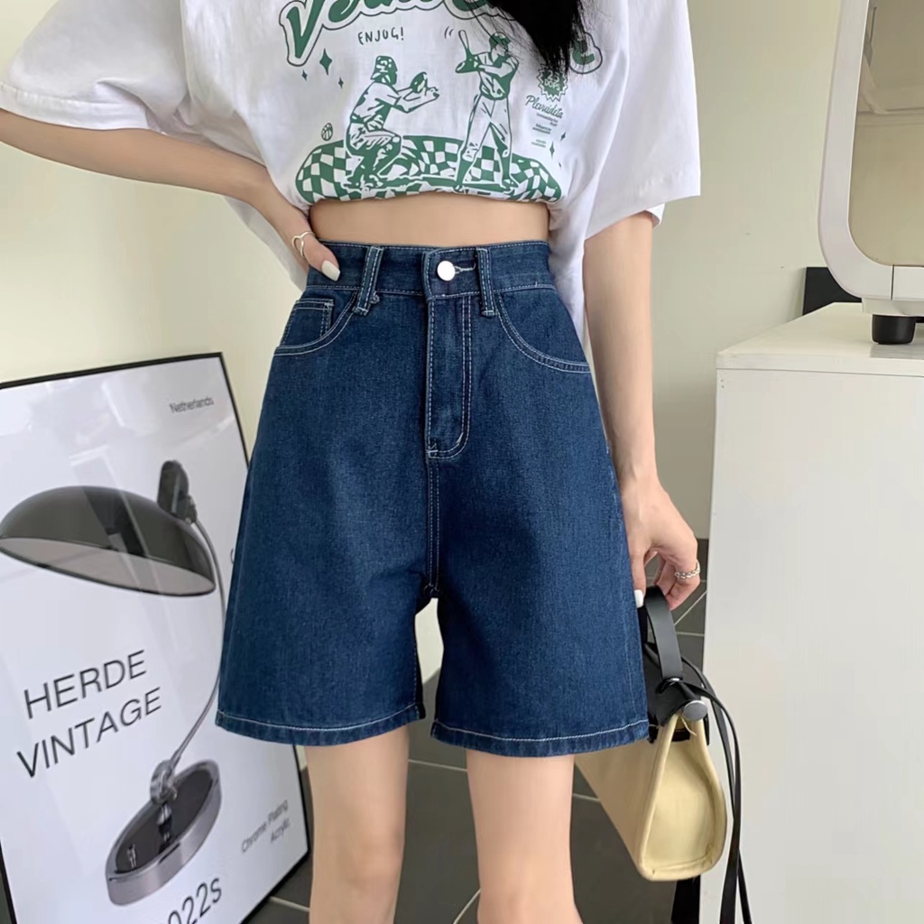 SUXI Quần Short Denim Lưng Cao Màu Sắc Đơn Giản Phong Cách Vintage Dễ Phối Đồ Cho Nữ