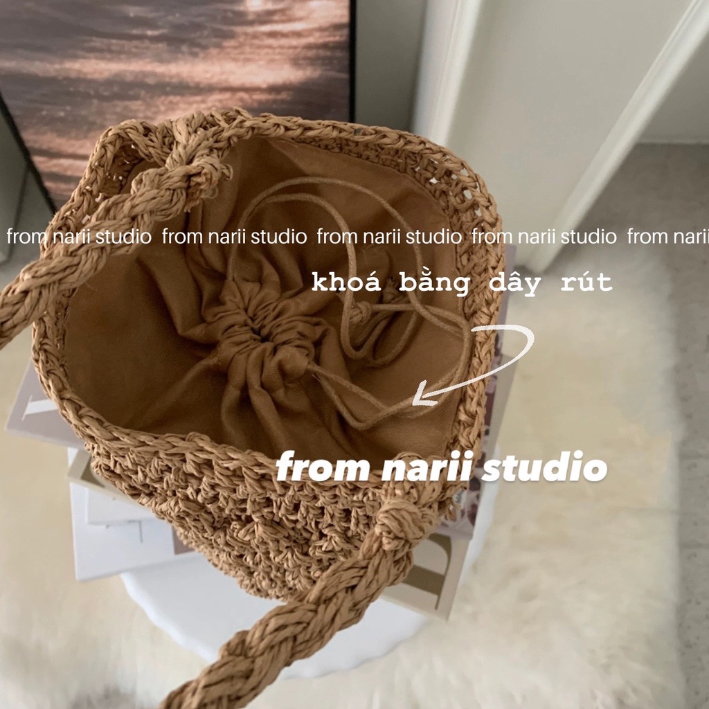 Túi cói đi biển vintage NARII túi cói du lịch nữ Hàn Quốc hình trụ nâu