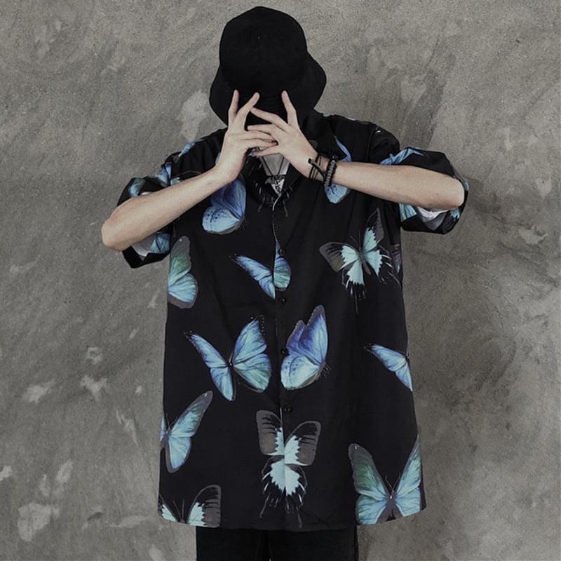 ÁO SƠ MI NAM TAY NGẮN OVERSIZE HOẠ TIẾT CÁNH BƯỚM XANH