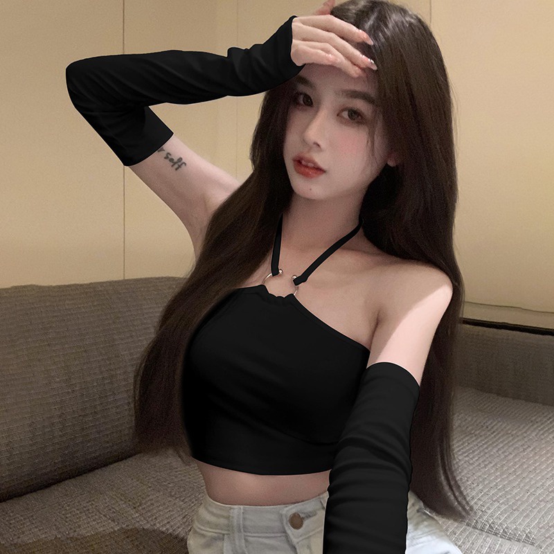 Áo Croptop Tay Dài Hở Vai Màu Sắc Đơn Giản Quyến Rũ Cho Nữ