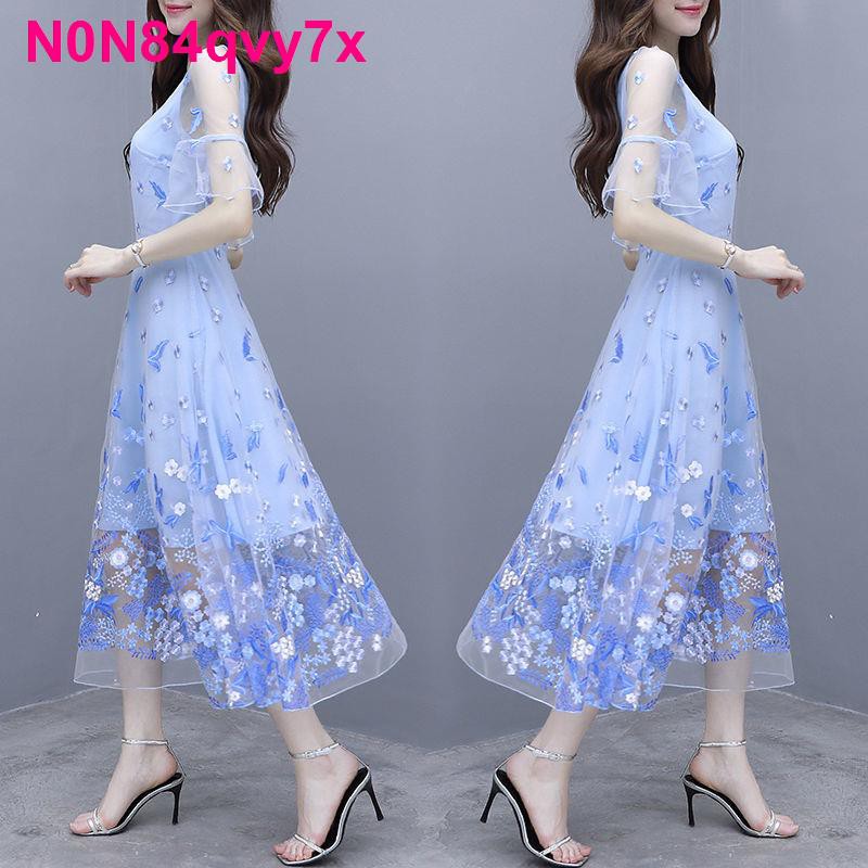 SHOP XINH Váy thời trang nữ cao cấp 2021 thêu lưới mới dài tay mùa hè