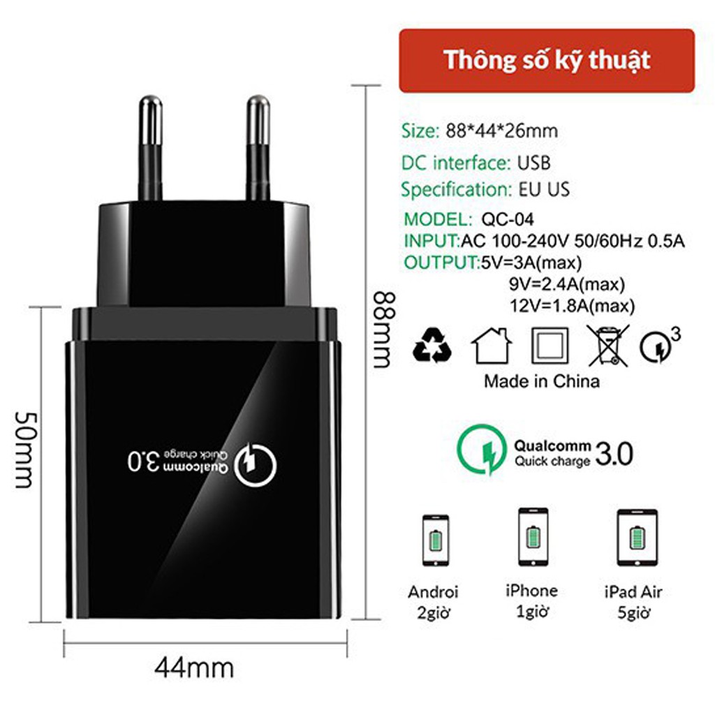 Củ sạc nhanh điện thoại di động QC3.0 4USB - Sạc Điện Thoại 4 Đầu Cắm Chống Cháy Thông Minh Tương thích Nhiều Thiết Bị