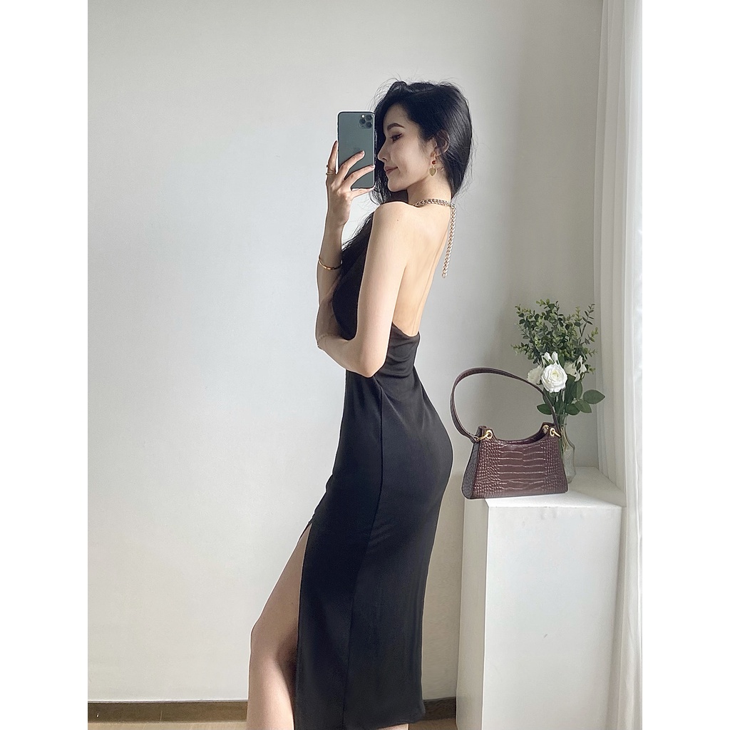 DUNEA Đầm 3.8 midi màu đen hở lưng phối dây xích quyến rũ thời trang cho nữ